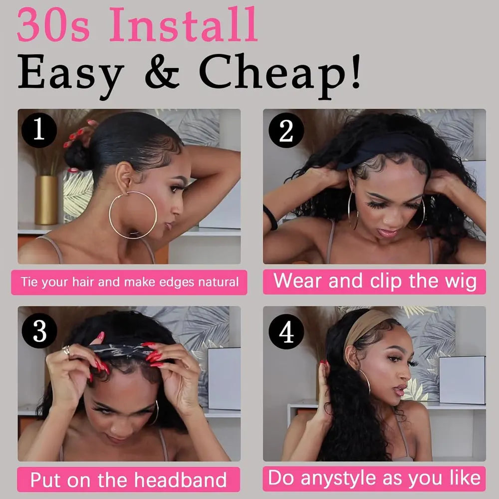 Headband Wig Human Hair Deep Wave Wig 250% Straight Body Wave Human Hair Wigs Half Kinky Cury Wig Brazilian Ready To Wear Wig