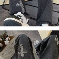 Cross Embroidery Y2k Jeans Mens Straight Denim Pants Casual Vintage Jeans Versatile Fashion Streetwear Spring High Street Pants