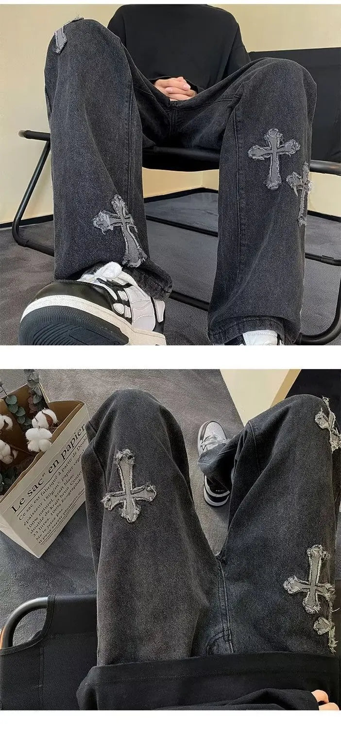 Cross Embroidery Y2k Jeans Mens Straight Denim Pants Casual Vintage Jeans Versatile Fashion Streetwear Spring High Street Pants
