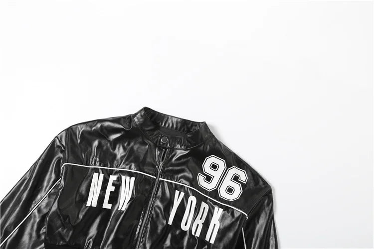 Weird Puss PU Patchwork Women Jacket Letter Print Hipster Button Zip Full Sleeve Trend Cool Street  Spring Outwear Crop Coat