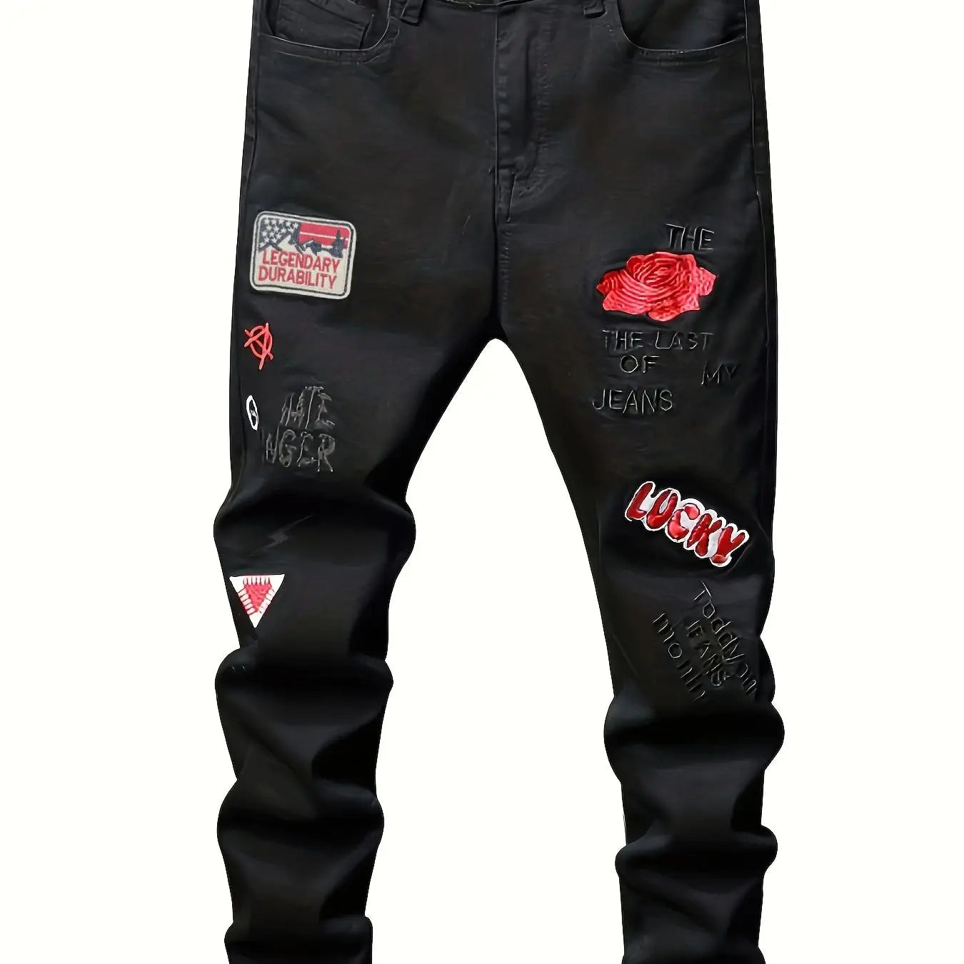 Men's slim fit jeans embroidered elastic straight leg denim pants