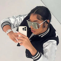 Kliou Letter Shape Patchwork Coats Women Casual Classic Panelled Long Sleeve Single Breasted Croped Jacket Female Street Outwear