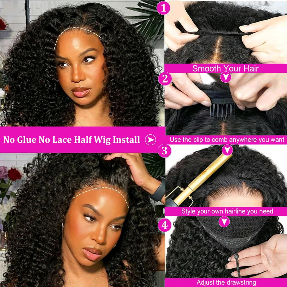 Burmese Curly Half Wig Human Hair Glueless Wig Human Hair Ready to Wear 3 IN 1 Half Wig Drawstring Burmese Glueless Half Wig