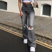Hole Flare Pants Jean Women Fit Vintage Pockets High Waist Zipper Button Basics Denims Wide Leg Trousers 2025 Casual Jeans