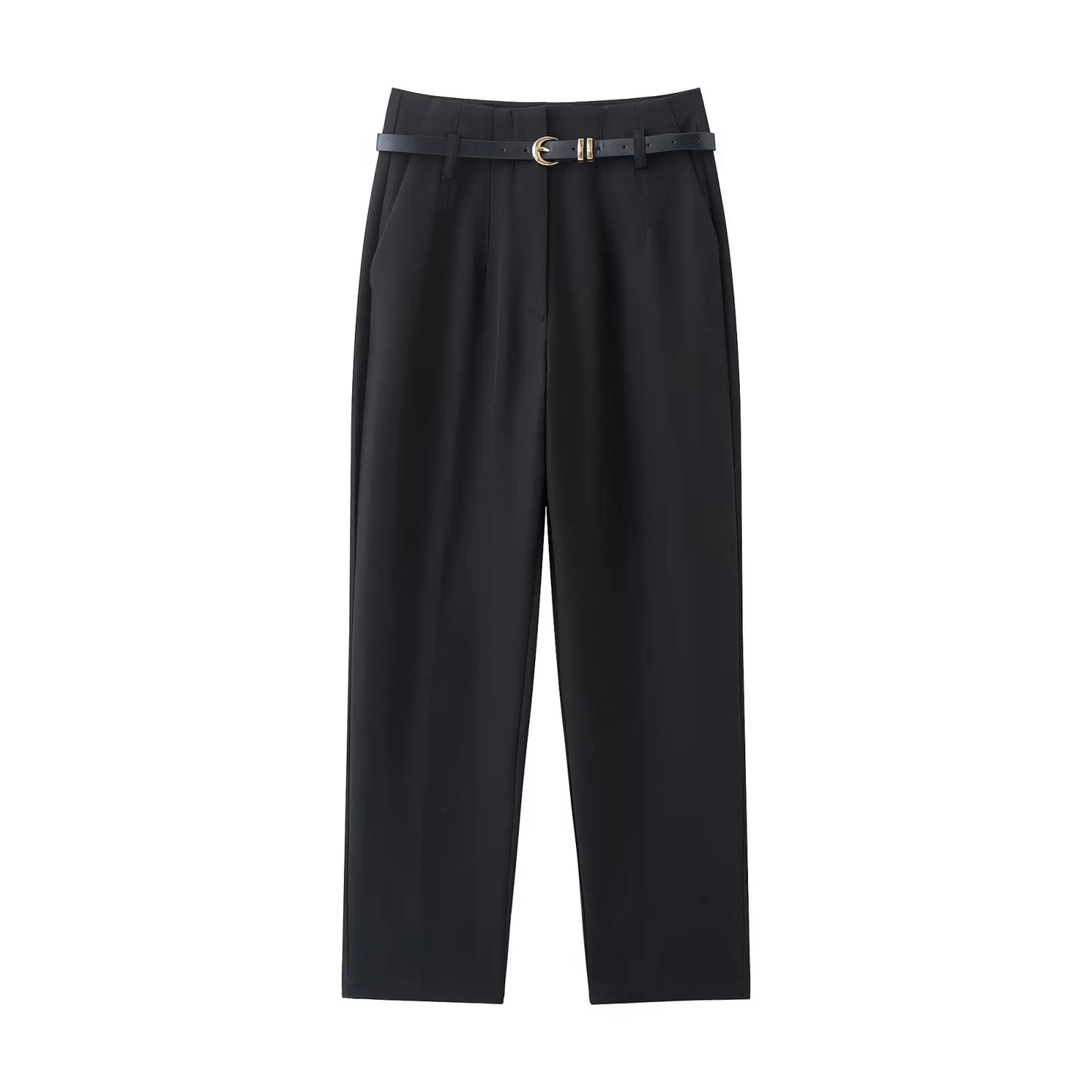 Faionable High Waist Belted Straight Leg Pants Women's Slim Fit Casual Autumn New Arrival Street Sle Polyester Fiber