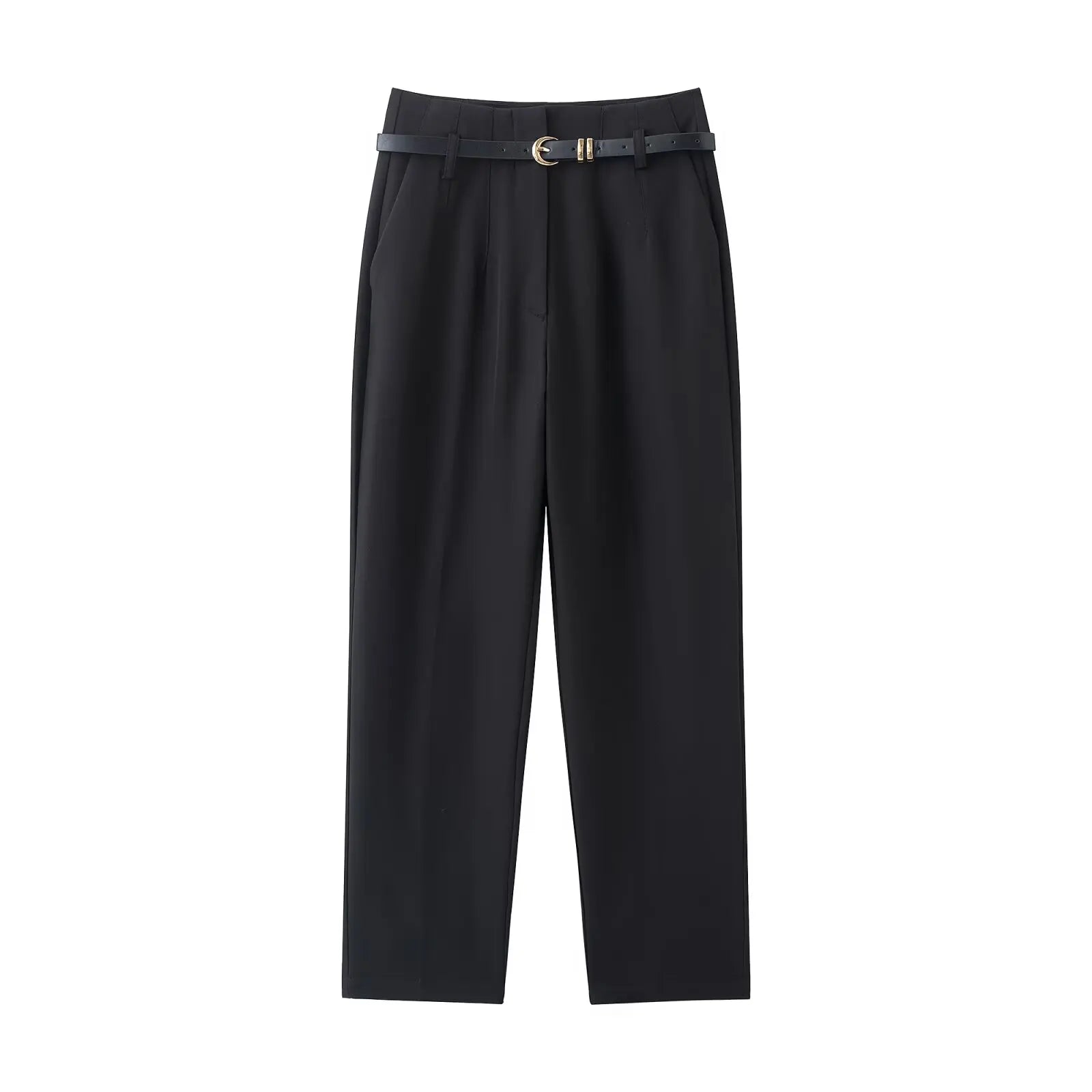 Faionable High Waist Belted Straight Leg Pants Women's Slim Fit Casual Autumn New Arrival Street Sle Polyester Fiber