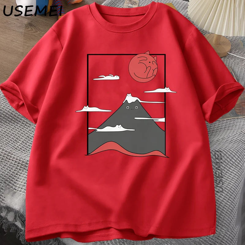 Funny Cat Graphic T Shirts Japanese Cat Graphic Tee Cotton Printed Short Sleeve Tees Men Women Harajuku Hight Qualty Clothes