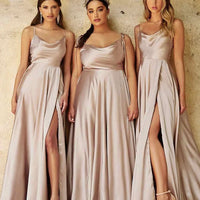 Elegant Women Maxi Beach Satin Dress Sexy Leg Slit Lace up Evening Prom Gown Adjustable Straps Bridesmaid Dresses