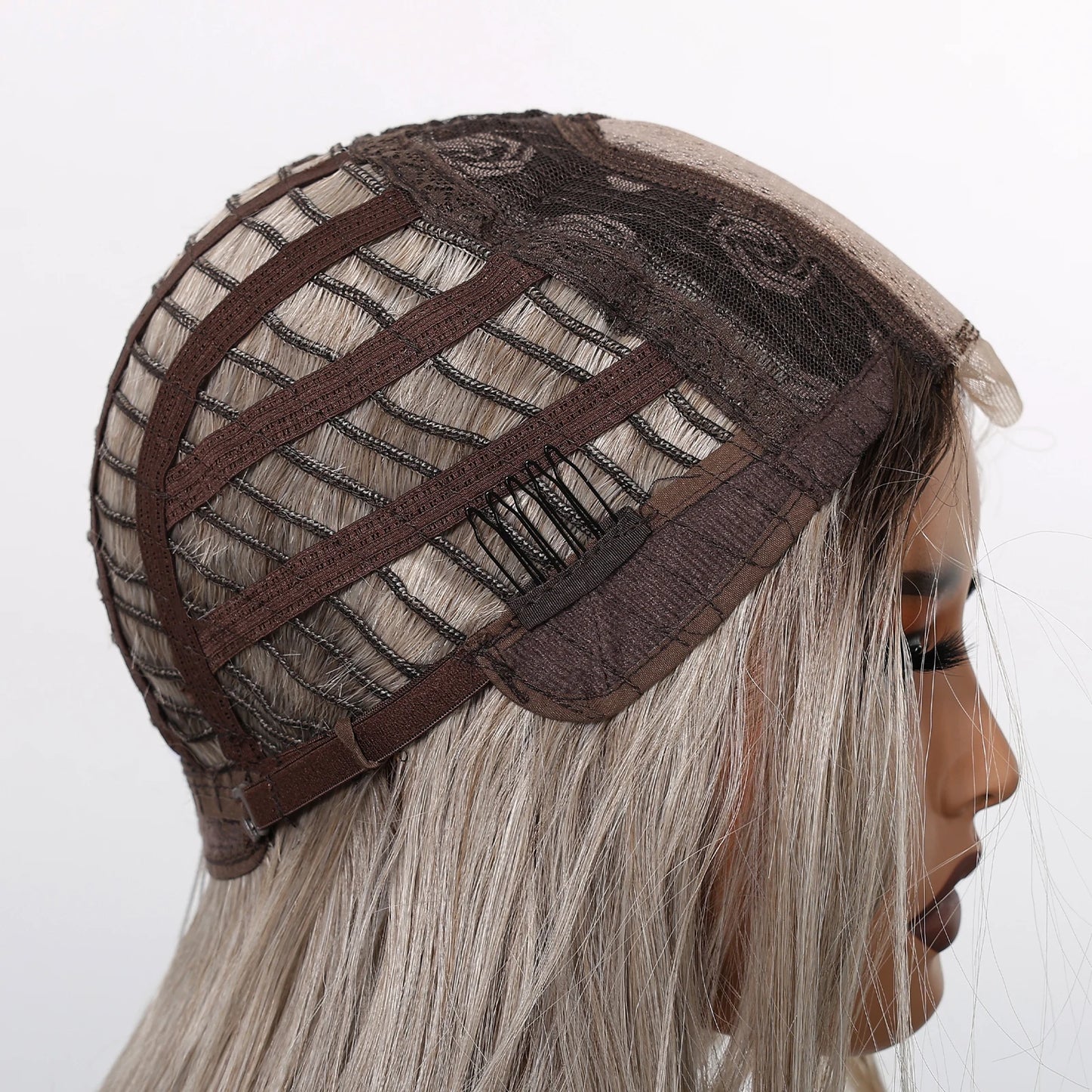 Gray Blonde Synthetic Wigs Dark Root Hairline Lace Frontal Straight Layered Wigs for Women Ladies Daily Use Wigs Heat Resistant