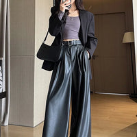 High Waist Wide Leg PU Leather Pants Women's Suit Casual Floor Length Trousers Autumn Winter New Style Loose Fit Long Pants