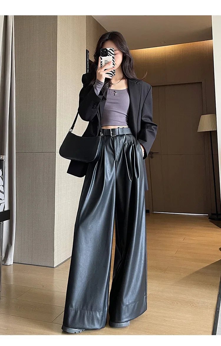 High Waist Wide Leg PU Leather Pants Women's Suit Casual Floor Length Trousers Autumn Winter New Style Loose Fit Long Pants
