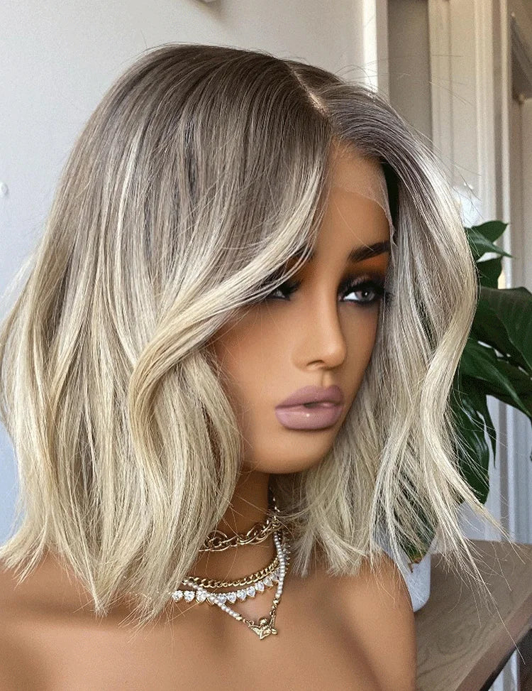 Synthetic Wig Hair Highlight Ash Blonde Straight Bob For Woman Lace Front Wig Bang Brazilian Hair Short Bob Wig