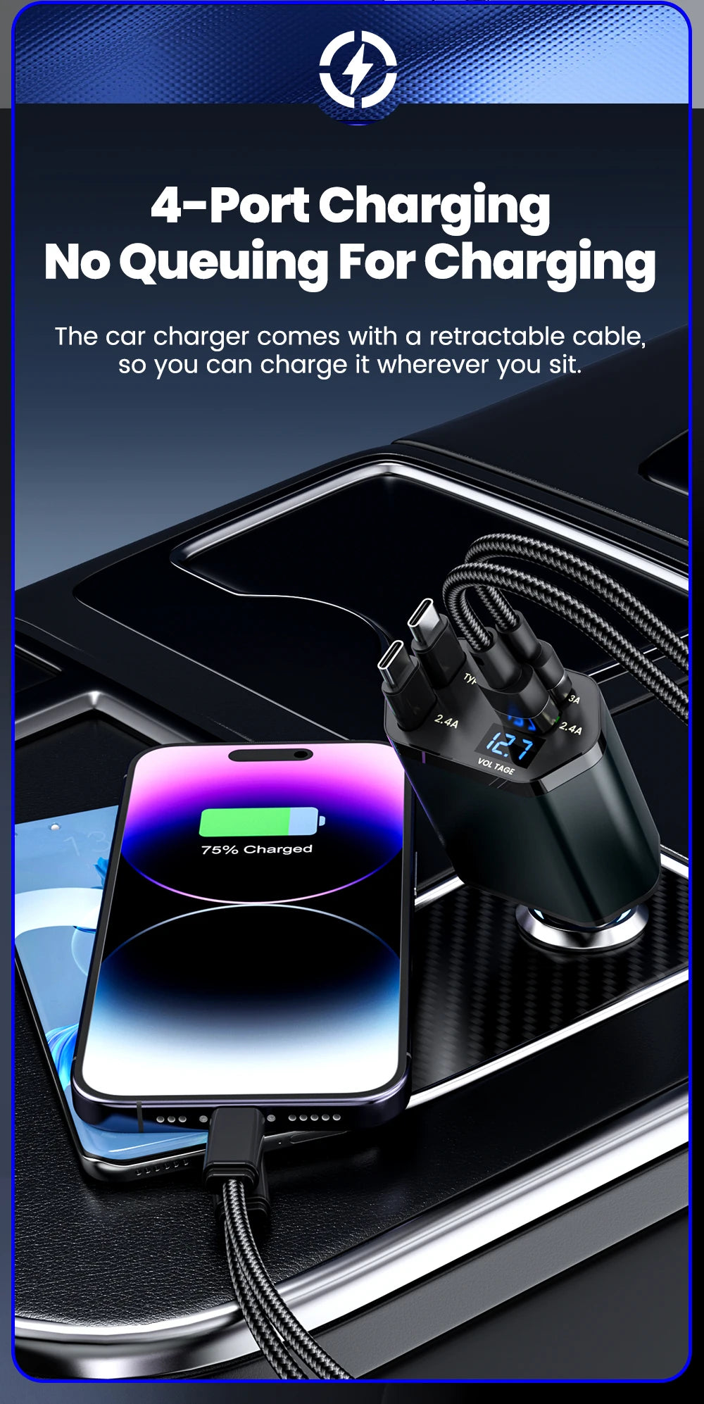 Elough 4 IN 1 Retractable Car Charger Fast Charging USB C To USB C ios Cable Charger USB Type C Car Adapter For iPhone Huawei