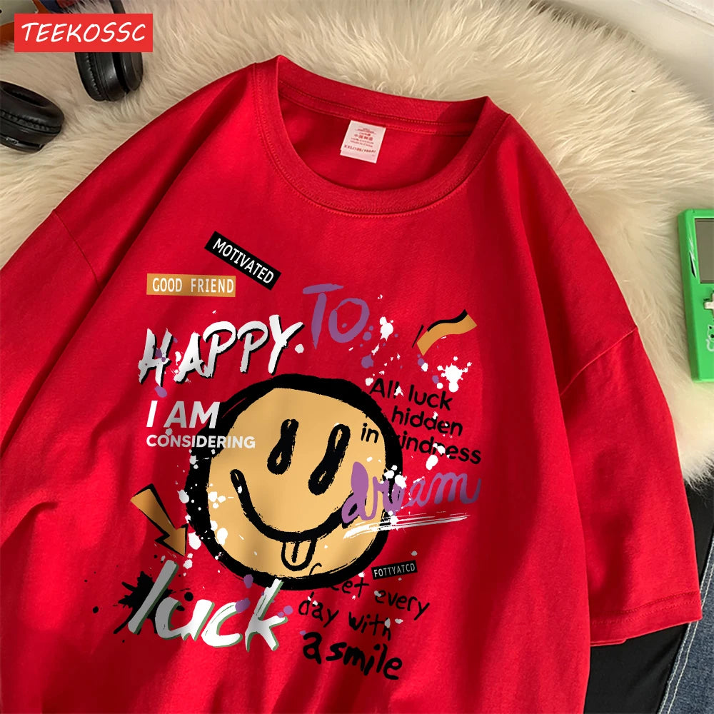 Summer Cotton Women T-Shirts Fun Graffiti Cute Smiling Face Prints Tees Breathable Loose O-Neck Casual Street Female Clothes