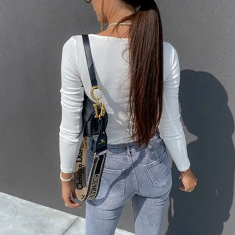 Women Sexy V Neck Solid Color Skinny Long Sleeve T Shirt Blouse Top Knitwear Elegant Casual High Street Club Party Harajuku High