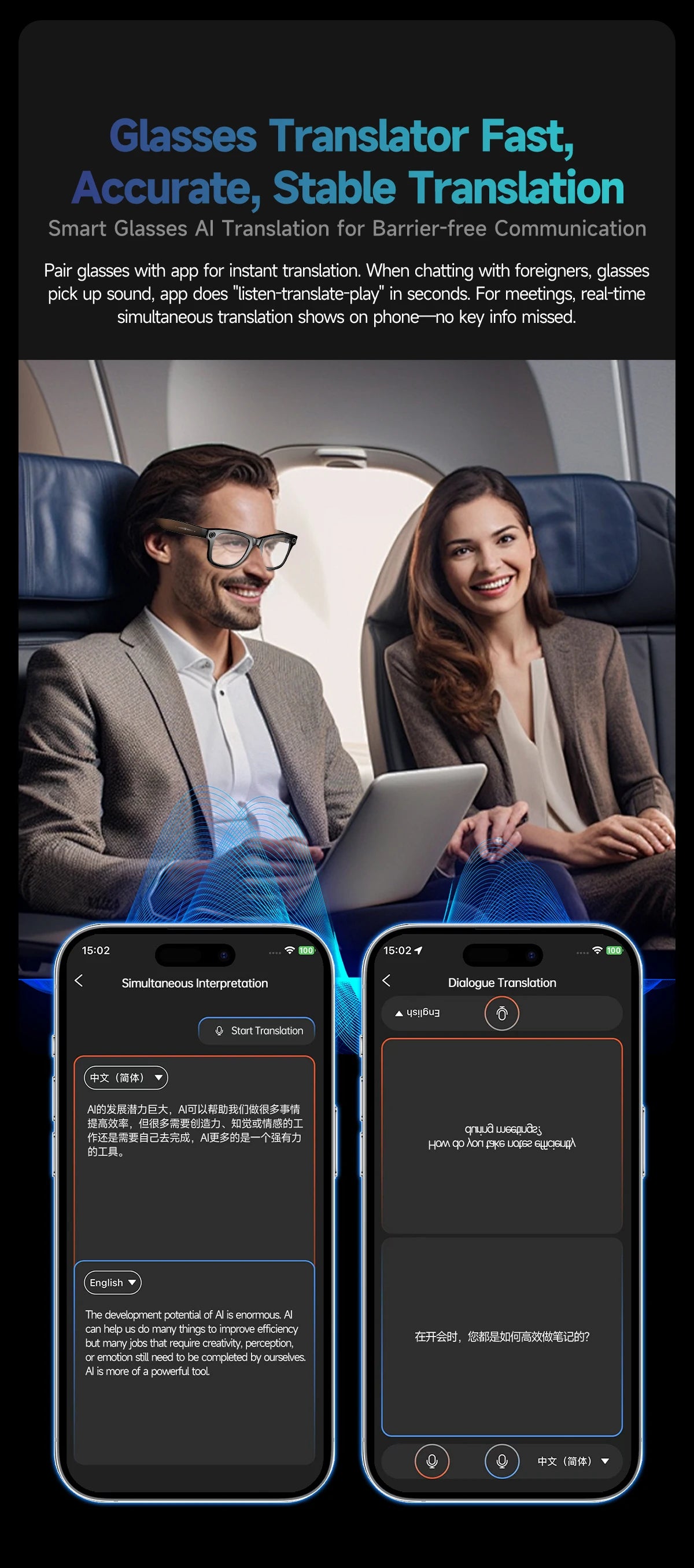 Smart Glasses HD Recording Videos AI Photo Recognition Answer Translation 290mAh Large Battery IP67 Waterproof Bluetooth Glasses