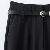 Faionable High Waist Belted Straight Leg Pants Women's Slim Fit Casual Autumn New Arrival Street Sle Polyester Fiber