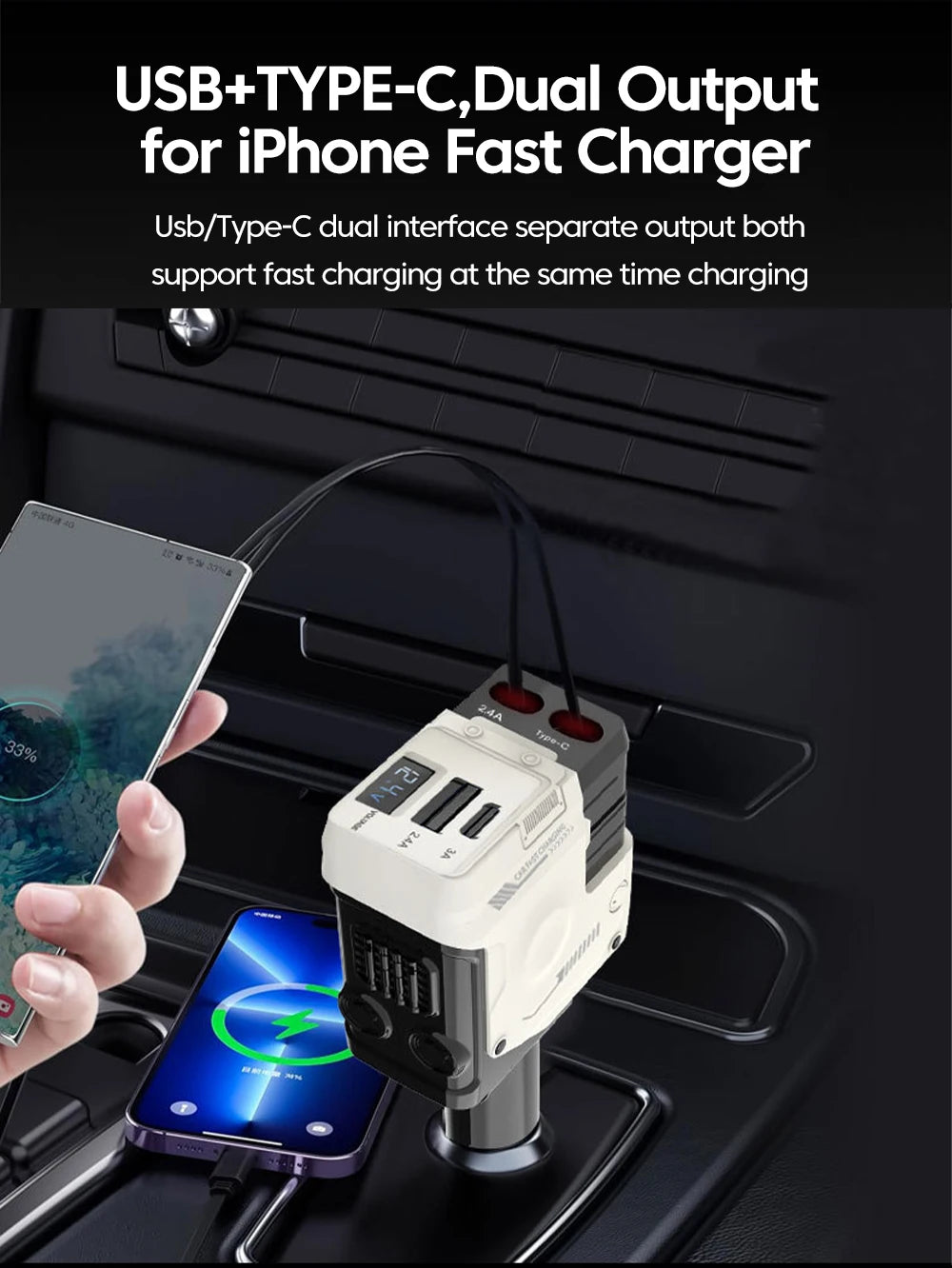 Elough 120W Car Charger Super Fast Flash Charge USB/Type C Multi Port Charger 4 in 1 Expansion Cable