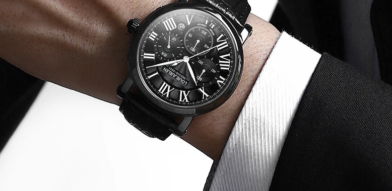 Fashion Mens Watches Top Brand Luxury Genuine Leather Strap Quartz Men's Watch Business Casual Date Chronograph Watch Men