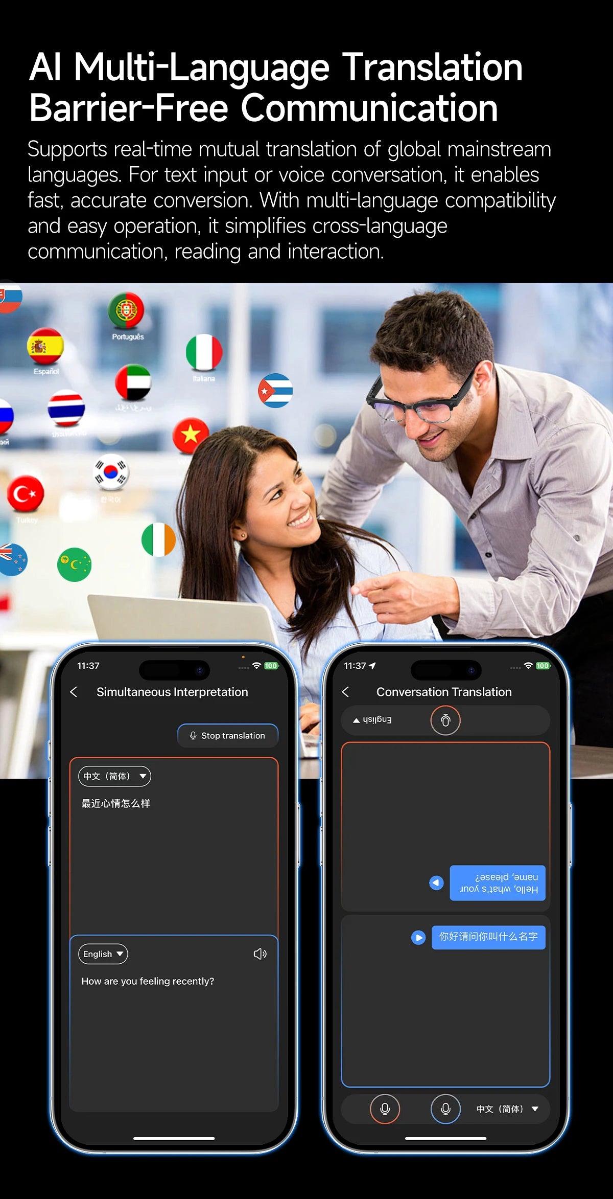 Smart AI Translation Smart Glasses Take Photos Recognizing Objects 4K Camera Bluetooth Music Call Intelligent Recording Glasses