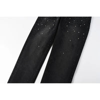 Black Men's American High Street Distressed Rhinestones Patterns Skinny Ripped Button Fly Jeans Pants
