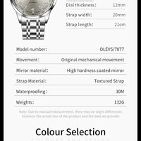 OLEVS Men Watches 7077 Luxury Fashion Top Brand Original Automatic Mechanical Watch for Man Double Scale Simple Trend Waterproof