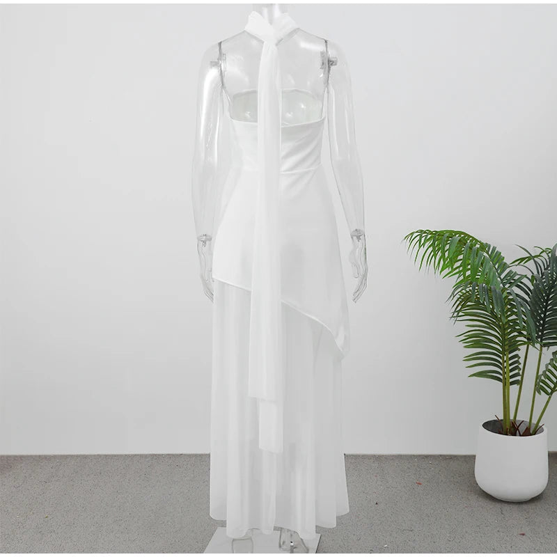 Fashion Contrast Women's V-neck Sling Long Dress For Women Elegant Pleated Backless Sleveless Maxi Dresses Lady Evening Vestidos