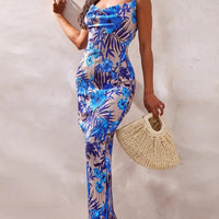 Folds Print Spaghetti Strap Slim Long Dresses Women Fashion Sexy Low Cut Package Hip Bodycon Party Dress Trendy Streetwear New