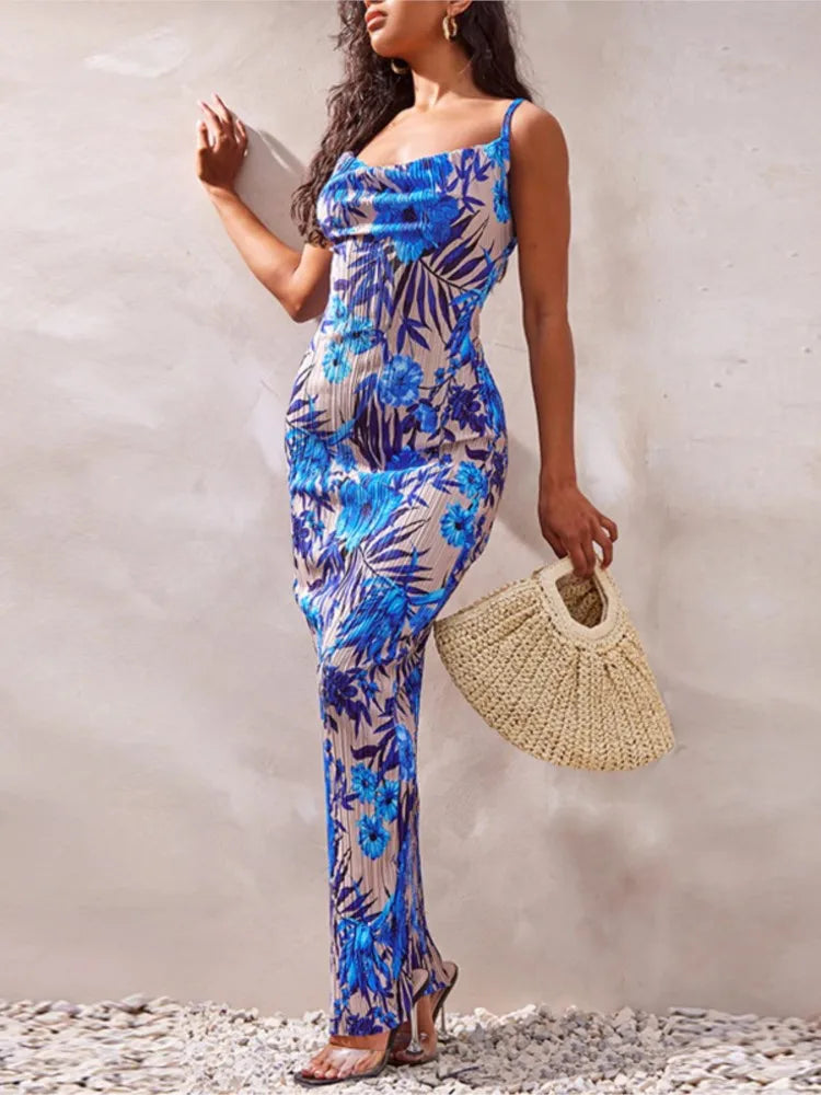 Folds Print Spaghetti Strap Slim Long Dresses Women Fashion Sexy Low Cut Package Hip Bodycon Party Dress Trendy Streetwear New