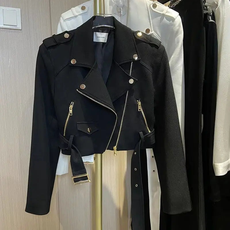 Korean version of the long-sleeved motorcycle jacket jacket women's spring and autumn new fashion temperament Joker suit collar