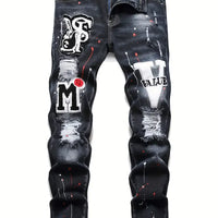 Men y2k Stretchy Denim jeans Ripped Skinny Letter Print elastic waist Casual pants for men Hole Slim Fit Denim Hip Hop Trousers