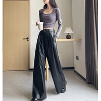 High Waist Wide Leg PU Leather Pants Women's Suit Casual Floor Length Trousers Autumn Winter New Style Loose Fit Long Pants