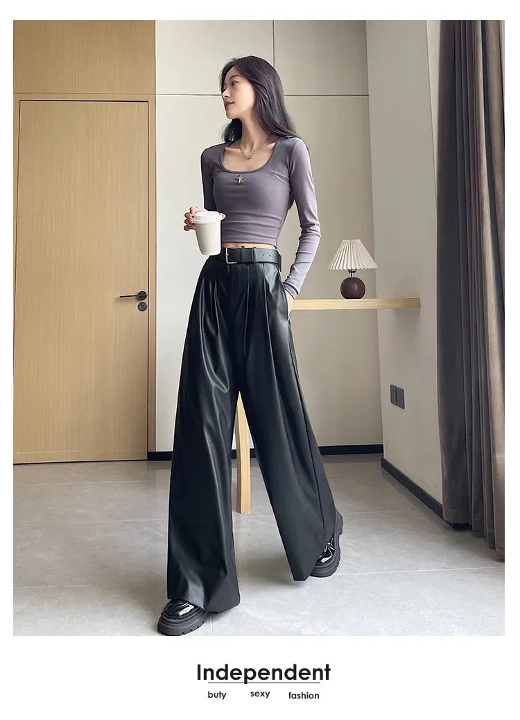 High Waist Wide Leg PU Leather Pants Women's Suit Casual Floor Length Trousers Autumn Winter New Style Loose Fit Long Pants
