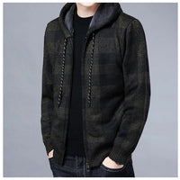 Men Sweater Jacket Fashion Winter Coat Fleece Hoodies High Quality Luxury Checkered Hooded Knit Cardigan Male Outer Wear
