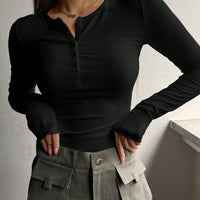 Women's Plain Half Button Front Ribbed Tee, Fashion Top, Casual Fit Long Sleeve Round Neck T shirt