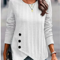 Women's Long Sleeve Round Neck Top Solid Color Button Jacquard T-Shirt Elegant Trend Autumn Top