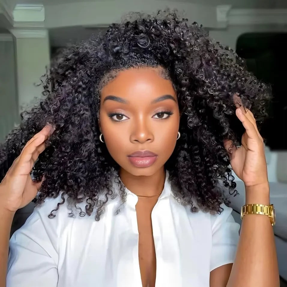 300% Glueless Wigs Human Hair Afro Kinky Curly Headband Wig Upgrade 3 IN 1 Half Wig With Drawstring Seamless Clip Ins Flip Over