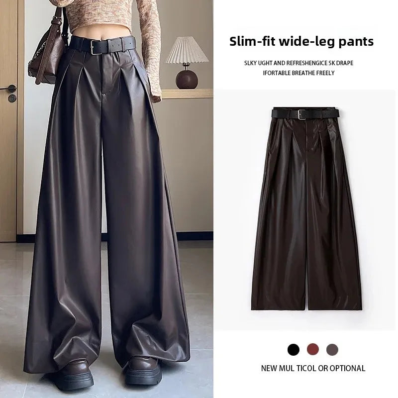 High Waist Wide Leg PU Leather Pants Women's Suit Casual Floor Length Trousers Autumn Winter New Style Loose Fit Long Pants