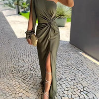 Slim Fit Pure Color Summer New Style Knot Slit Shoulder Women's Dress Fashionable Elegant Ankle Length One Shoulder Dress