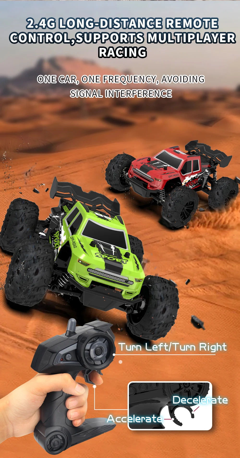 Rc Car High Speed with Light 2.4G Remote Control Racing Car Vehicle Truck 20KM/H Off-Road Climbing RC Toys for Kids Gift