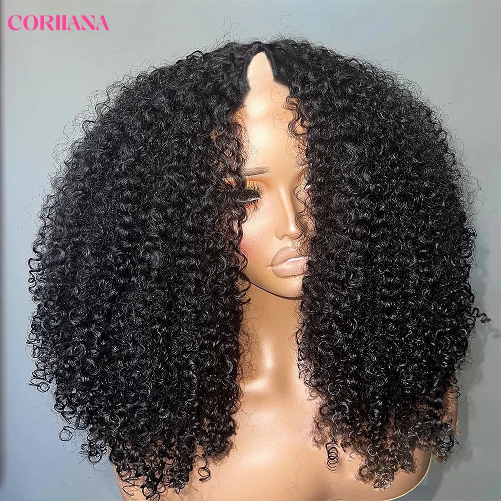 250% Kinky Curly V Part Wig Human Hair No Leave Out Upgrade Deep Wave Curly V Shape Wig No Glue Clip In Half Wig For Women