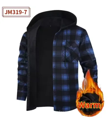 Fashion korean popular clothes winter Adding velvet and thickening long-sleeve shirts for men casual Hooded jacket plaid tops