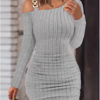 Stylish Metal Sheet Diagonal Collar Long Sleeved Dress  Women's Solid Slim knitted Dresses Sexy Off Shoulder Autum Roben