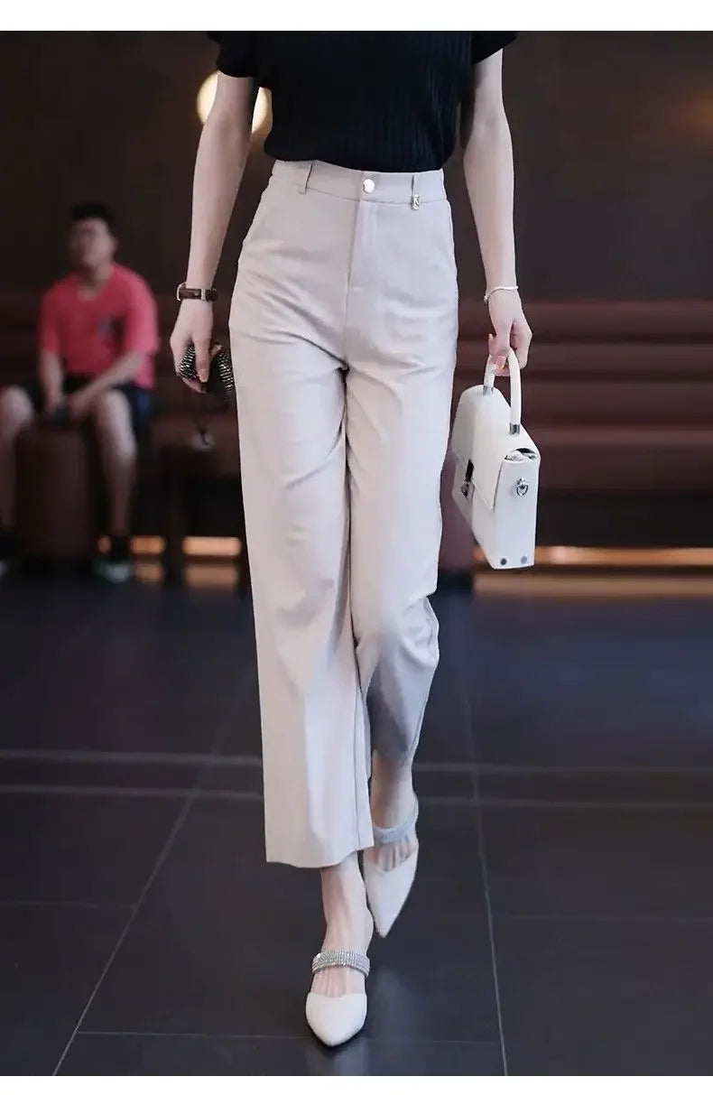Nine-point Wide-leg Pants for Women in Summer Thin New High-waist Drooping Ice Silk Suit Women's Slim Straight Pants