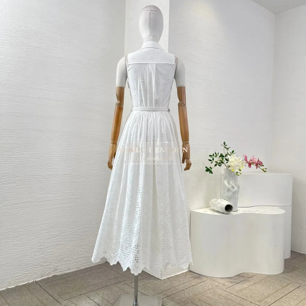 White Sleeveless Embroidery Midi Dress 2025 Top Quality