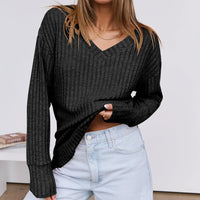 Women's Long Sleeve V-Neck T-Shirt Pit Stripe Milled Fashion Temperament Top