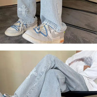 Cross Embroidery Y2k Jeans Mens Straight Denim Pants Casual Vintage Jeans Versatile Fashion Streetwear Spring High Street Pants