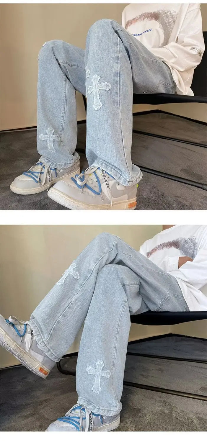 Cross Embroidery Y2k Jeans Mens Straight Denim Pants Casual Vintage Jeans Versatile Fashion Streetwear Spring High Street Pants