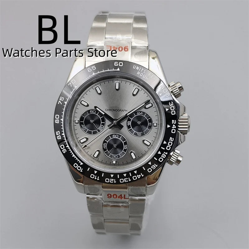 BLIGER/Sterile Gray Dial Chronograph VK63 Quartz Men's Watch 39mm Sapphire Case Black Bezel Luminous Stanless Steel/Rubber Strap