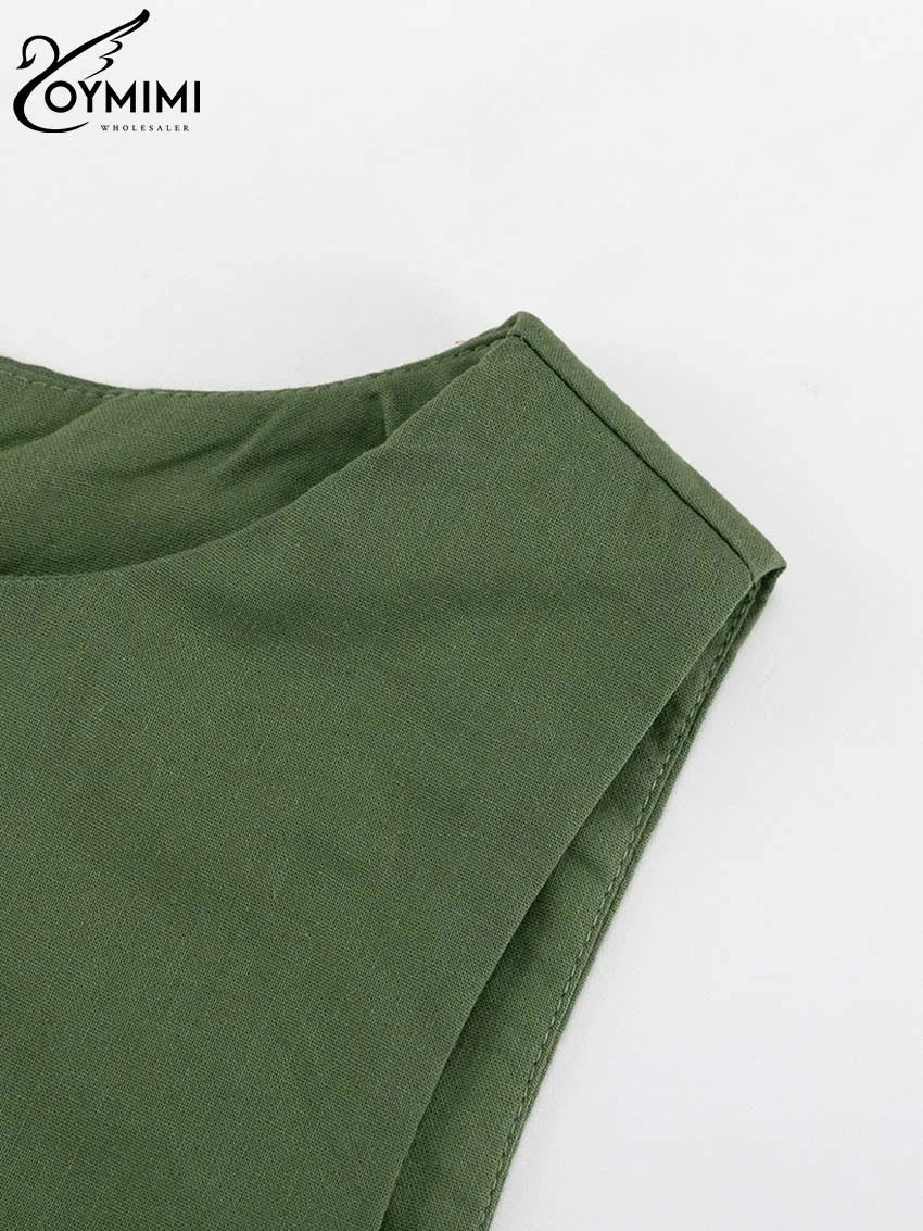 Oymimi Elegant Green Cotton Women's Dress Fashion O-Neck Sleeveless Dresses Casual New High Waist A-Line Mid-Calf Dresses Female